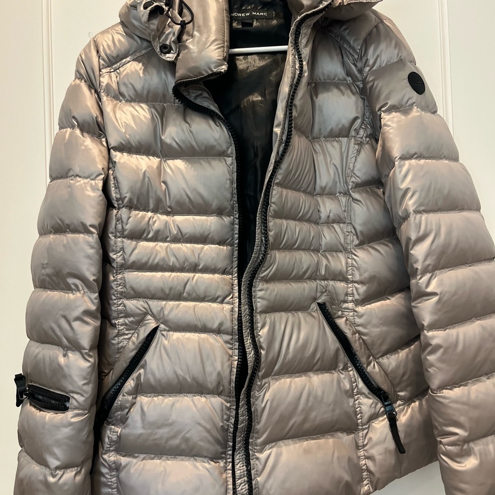 Andrew Marc Silver-Taupe Quilted Puffer Coat with Hood